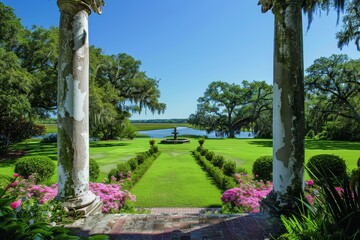 Obraz premium Elegant Southern Coastal Garden with Topiaries and Anemones Overlooking River, Ideal for Wedding Photography