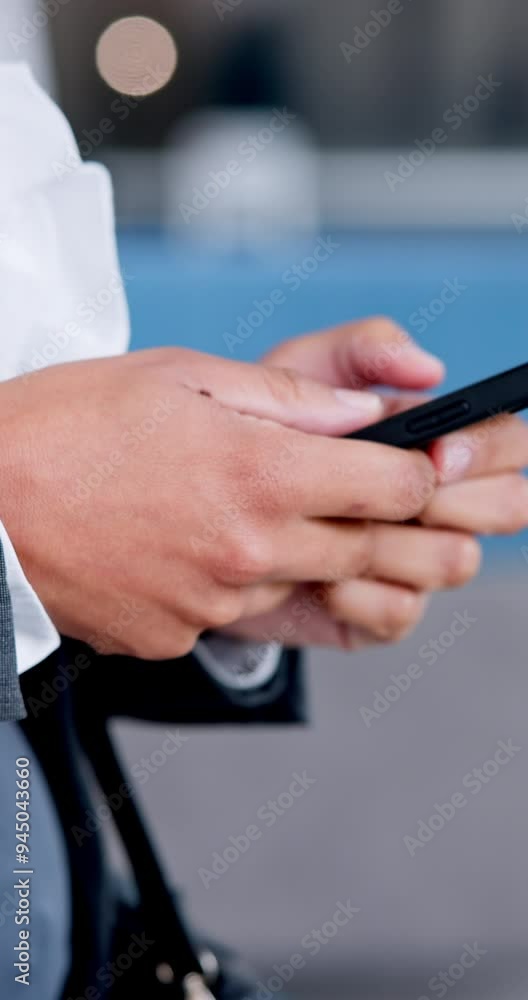 Aufkleber Hands, business and person with smartphone, typing and internet with connection, social media and network. Employee, consultant and agent in office, mobile user and cellphone for website info or tech