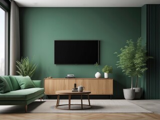 Modern Living Room with Green Wall and Wooden Cabinet