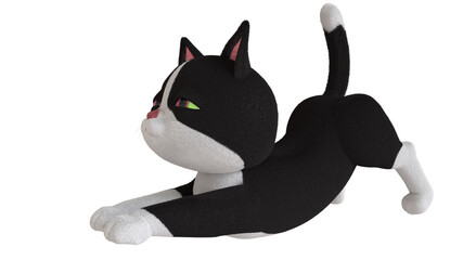Cat cartoon stretch posture on transparent background, 3D render