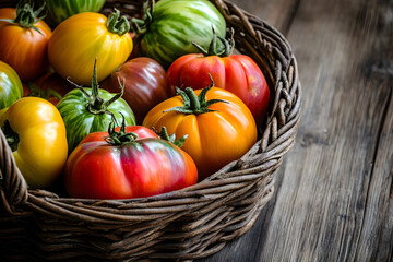 Colorful heirloom tomatoes in a rustic basket