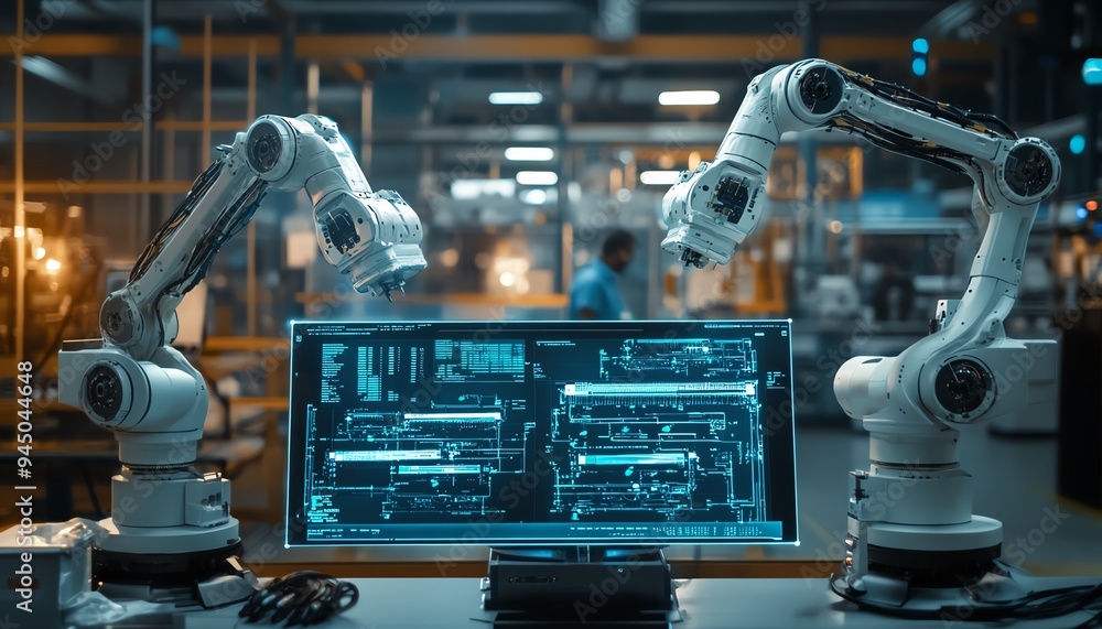 Poster electronics factory setting, male and female in conversation, augmented reality display of conveyor 