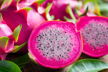Dragon fruit sliced open to reveal its vibrant interim