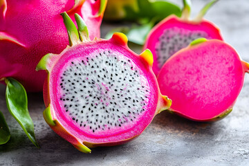 Dragon fruit sliced open to reveal its vibrant interim