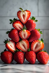 Halved strawberries stacked in a pyramid shape