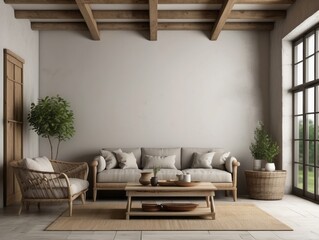 Minimalist Living Room with Wooden Beams and Large Window
