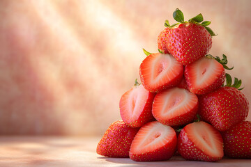 Halved strawberries stacked in a pyramid shape