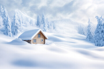 Fototapeta premium A small cabin is covered in snow and sits in the middle of a snowy field. The cabin is surrounded by trees and the sky is cloudy. The scene is peaceful and serene, with the snow covering the ground