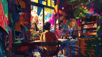 a man is working in his colorful room