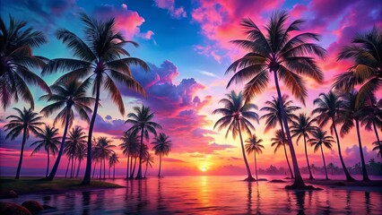 Tropical painting with palm trees, sunset, pink and blue sky, and pink and purple hued background
