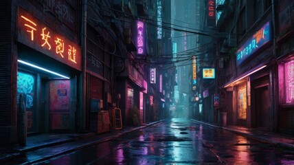 Cyberpunk-Inspired Urban Street with Glistening Reflections of Neon Signs
