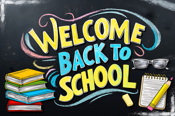 Welcome back to school text hand drawing on blackboard.