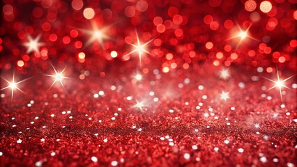 Red Christmas glitter background with stars, festive glowing blurred texture