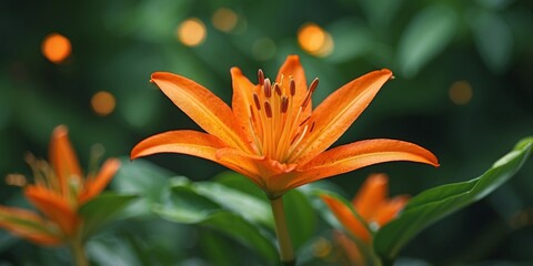 Graceful orange lily and abstract green leaves on bright background.