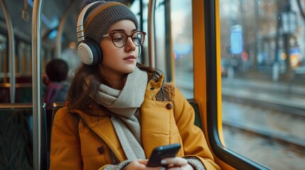Young stylish woman using public transport, sitting with phone and headphones in the modern tram