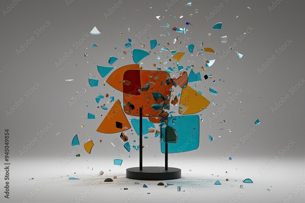 Poster 3d visualization of colorful scattering glass fragments in a minimalist display