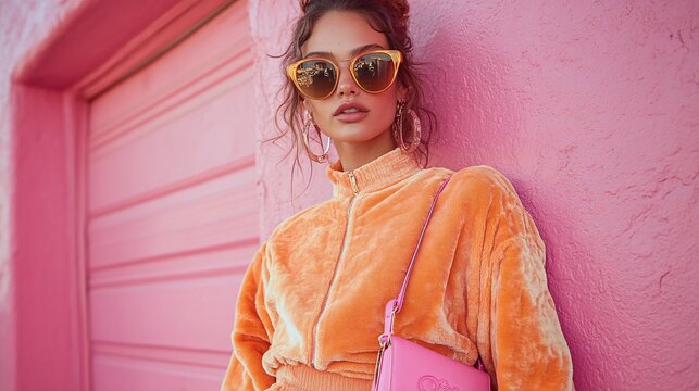 Woman in a velour Juicy Couture tracksuit with oversized sunglasses