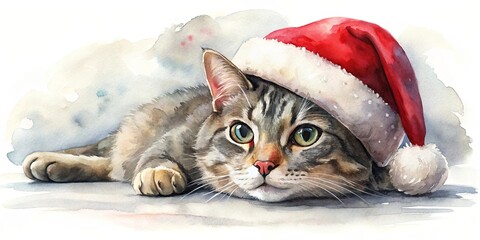 Watercolor painting of a festive cat in a Santa hat resting on the floor