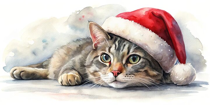 Watercolor painting of a festive cat in a Santa hat resting on the floor