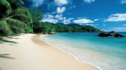 Perfect Seychelles beach with fine white sand, clear waters, and lush palm trees providing