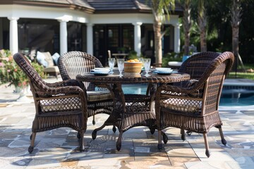 Fototapeta premium Five-piece dark brown wicker outdoor dining set with octagonal table, perfect for summer gatherings by the pool or patio