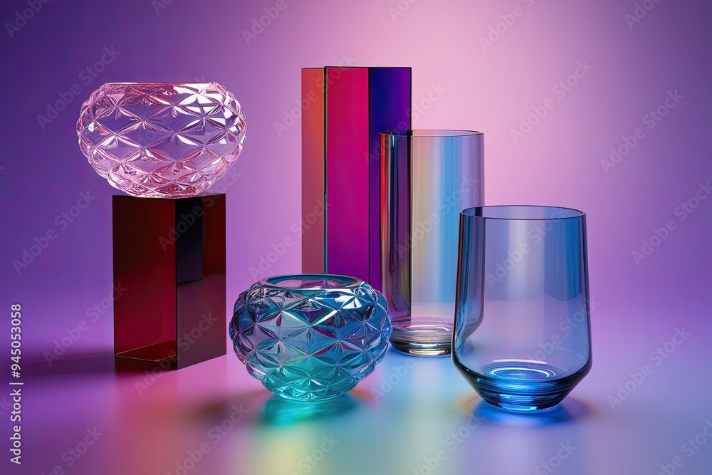 Poster 3d rendering of abstract geometric shapes with dispersion glass objects in a glossy spectrum