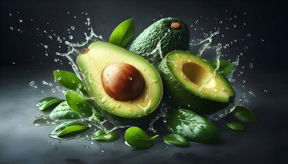 Fresh, delicious avocado halves splashing with leaves, cut out
