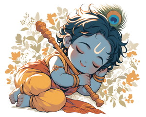 Happy Krishna Janmashtami, Baby Krishna with Lord Krishna with peacock feather and flute	