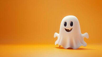 A cute, cartoonish ghost character with a friendly expression against an orange background.