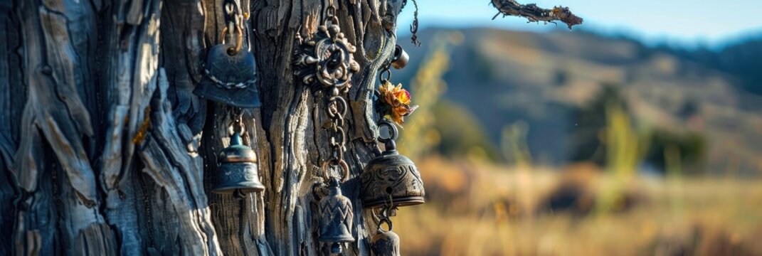 Barren tree decorated with bells and enchanting items, serving as a spiritual location for shamans and native groups.