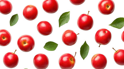 Red apples with green leaves transparent background   seamless pattern