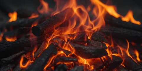 Hot embers glow orange and red within a dying campfire.