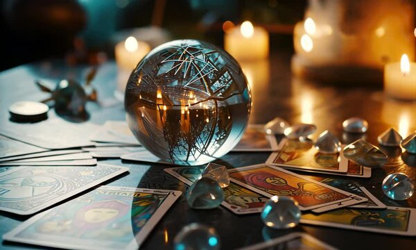 Tarot cards and crystal ball, mystical atmosphere