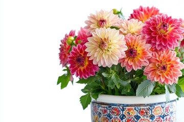 A vibrant bouquet of dahlias in a decorative pot, showcasing colorful flowers.