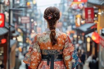 Obraz premium Woman in Kimono Walking Through Busy Street