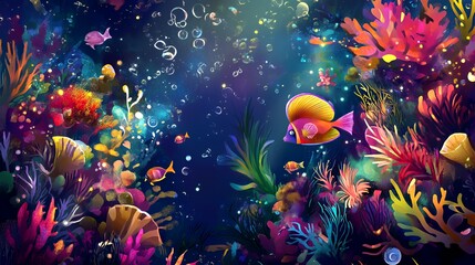 A vibrant underwater scene filled with colorful corals and fish, showcasing marine life.