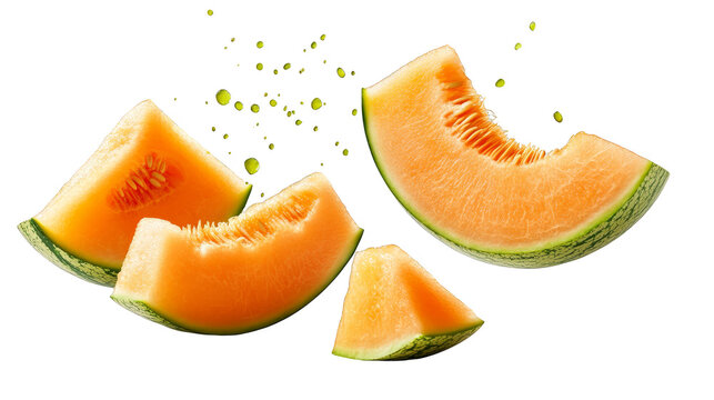 Fresh cantaloupe melon slices with splash isolated transparent background