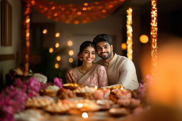 Indian couple celebrating diwali festival at decorated home