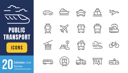 Set of Public Transport Related Vector Line Icons. Contains such Icons as Taxi, Train, Tram and more. Editable Stroke.