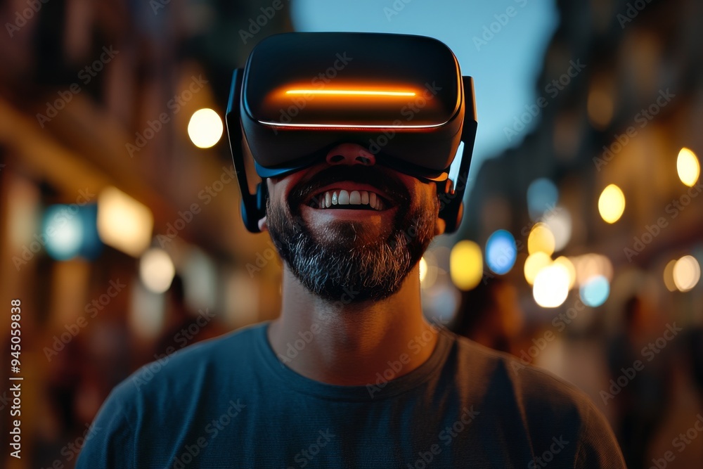 Wall mural Bearded man experiencing virtual reality in a bustling city street at night highlighting the blend of technology and urban life perfect for futuristic tech focused content related to VR experiences