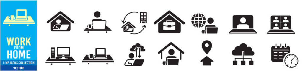 Working from home, remote work, icon set. 