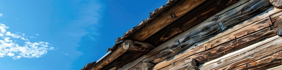 Close-up of an aged log cabin surrounded by greenery on a bright summer day with a clear blue sky.