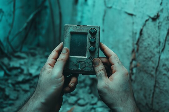 Close-Up of Hands Holding a Digital Recorder in a Haunted Location