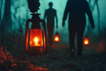 Group Exploring a Haunted Cemetery at Night with Lanterns