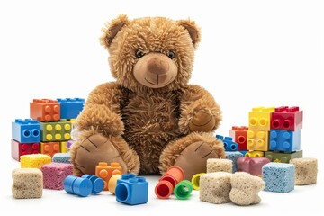 Toy bear with building blocks and toys isolated on white background in classic stock photography style