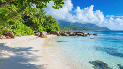 Fototapeta premium Serene Seychelles shoreline with immaculate white sand, calm blue waters, and lush tropical