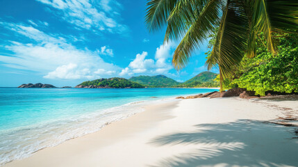 Serene view of a Seychelles beach with powdery white sand and tranquil turquoise