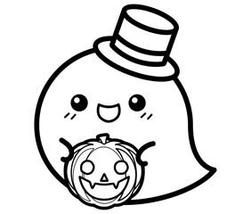 ハロウィンのかぼちゃを持って、帽子をかぶった、かわいいおばけ【モノクロ線画/塗り絵】
