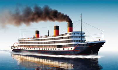 A large ship with black smoke billowing from its stacks sails across a calm ocean on a clear day