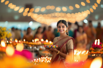 Beautiful indian woman holding traditional oil lamp plate in hand on diwali festival